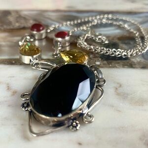2327 Silver Necklace with Black and Red Gemstones